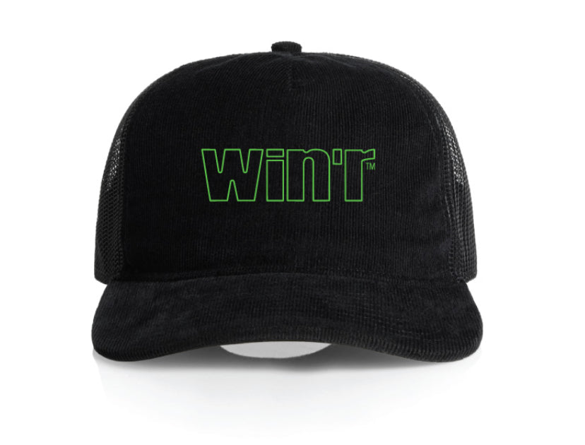 Black cap with green Winr logo on a white background